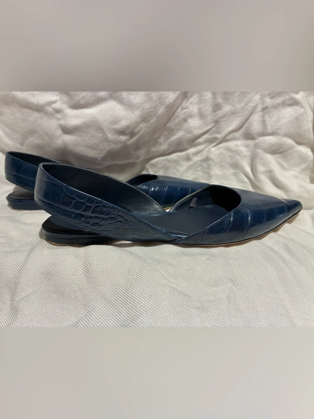 Zara Navy Croc-Embossed Pointed Toe Slingback Flats, sz 35/US 5